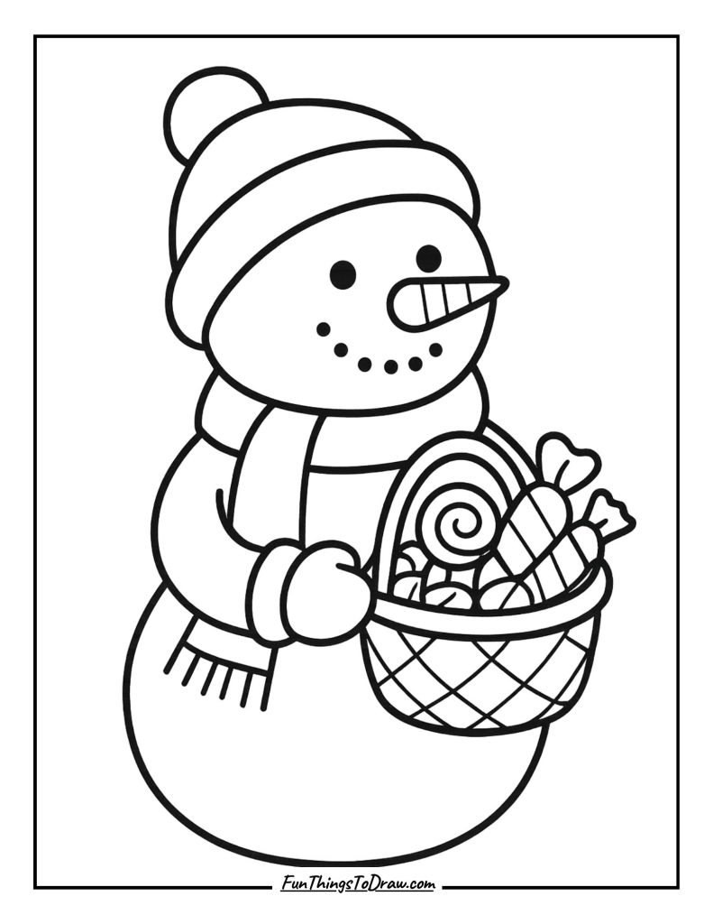 Snowman carrying a basket of candy
