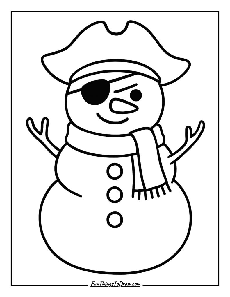 Snowman wearing a pirate hat and eye patch