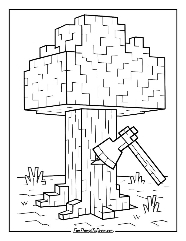 Axe chopping down a giant oak tree