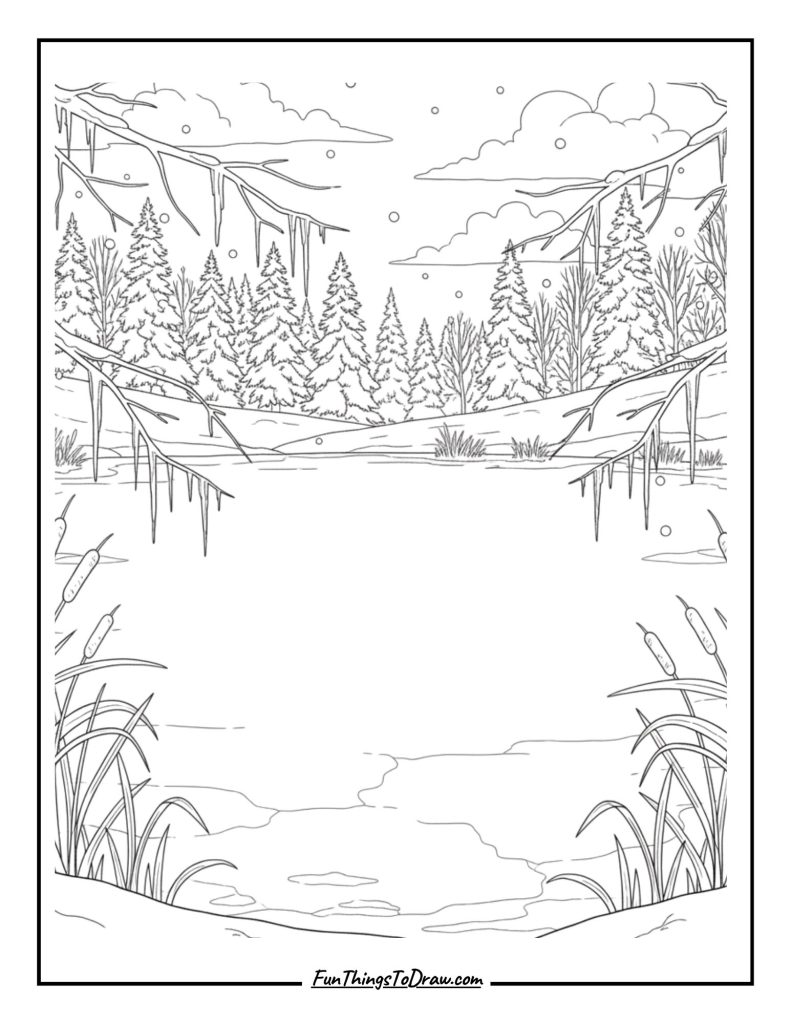 Frozen pond with cattails