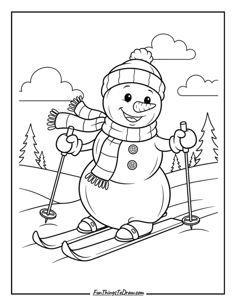 Snowman with skis standing on a slope