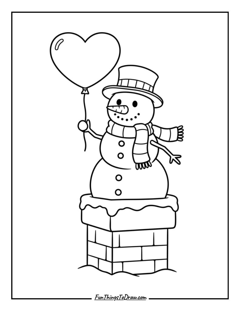 Snowman holding a heart-shaped balloon