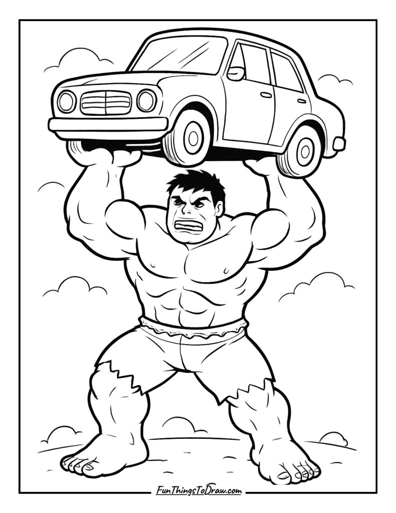 Hulk lifting car overhead