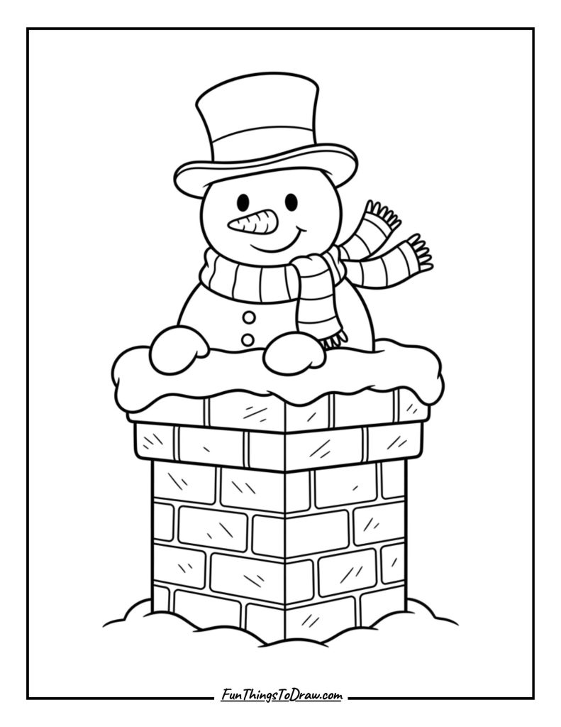 Snowman peeking out of a chimney