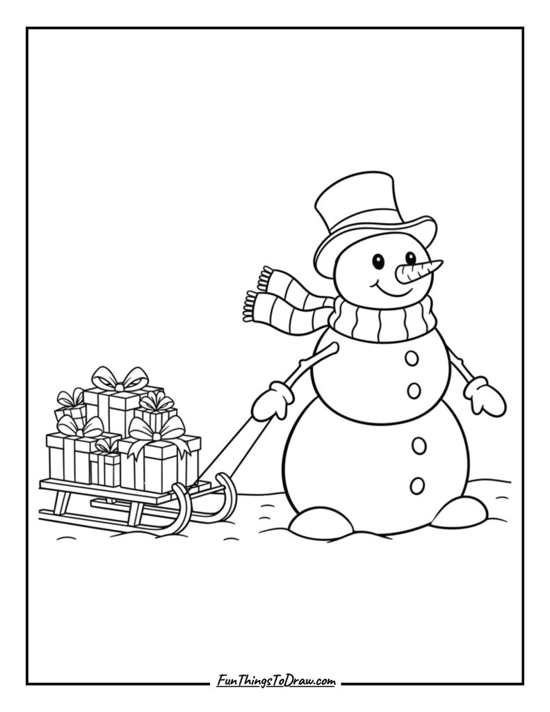 Snowman pulling a sled with presents