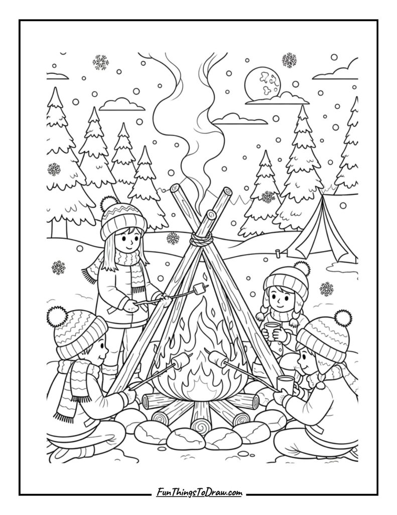 Winter campfire scene
