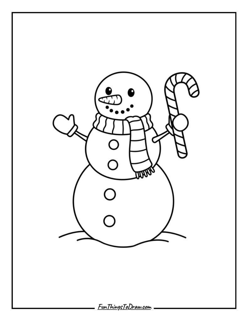 Snowman holding a candy cane