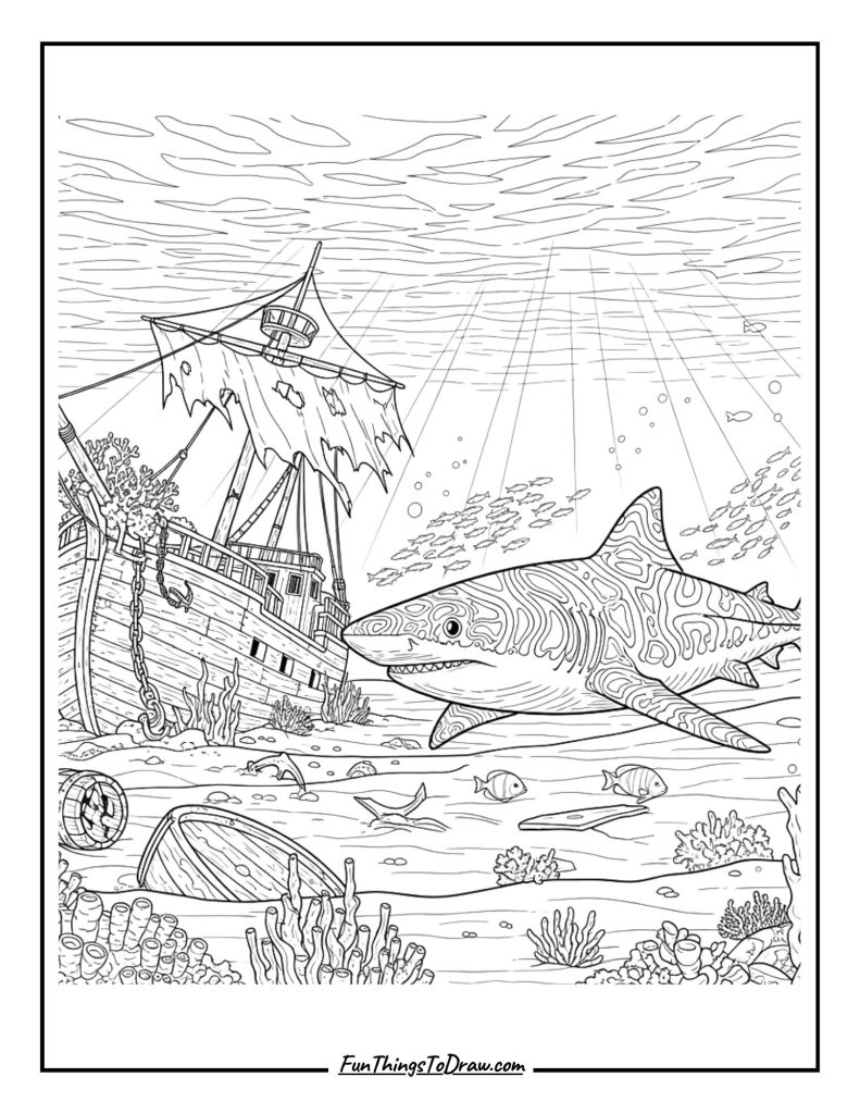 Shark near shipwreck