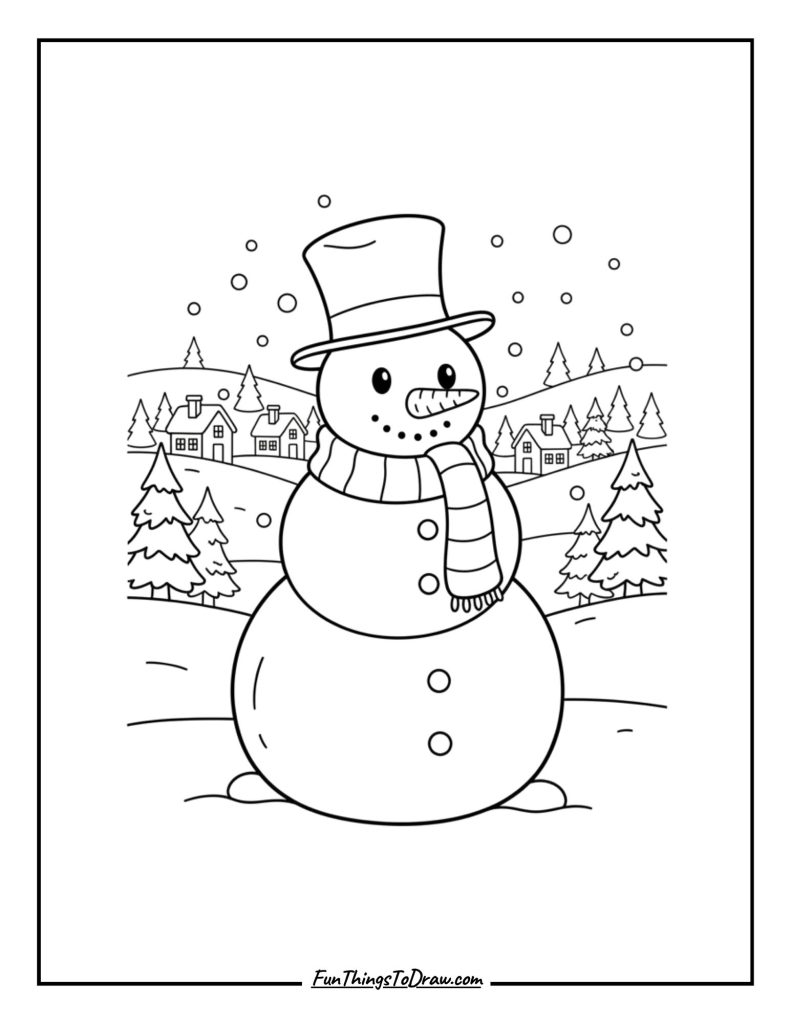  Snowman with snow-covered village in background