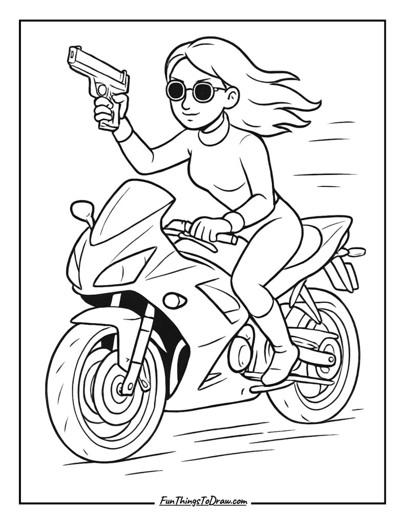 Black Widow riding motorcycle