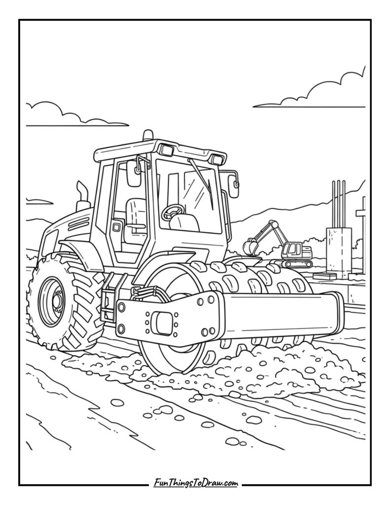Compactor tractor on construction site