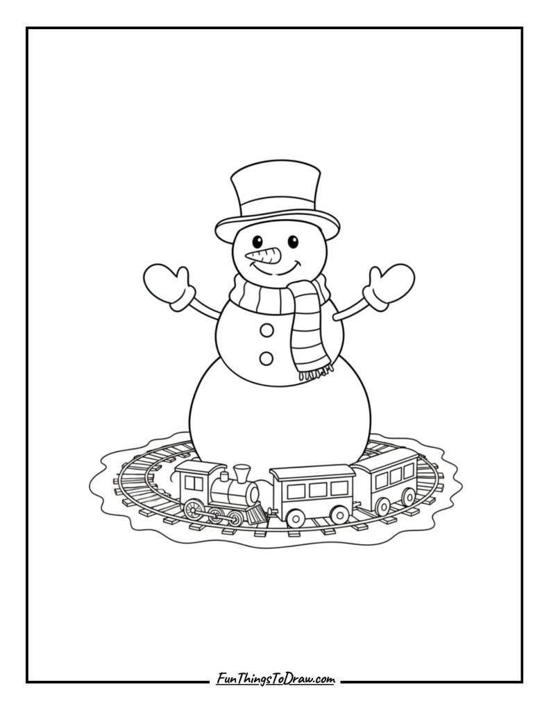 Snowman with a train set around its base