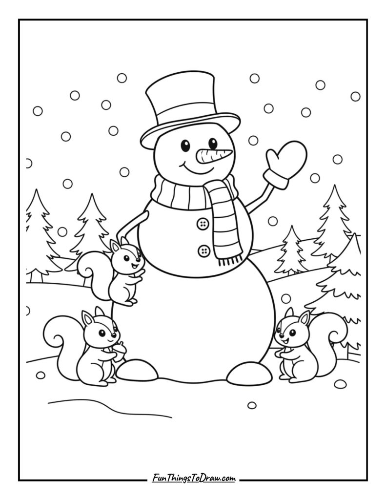 Snowman with a family of squirrels nearby