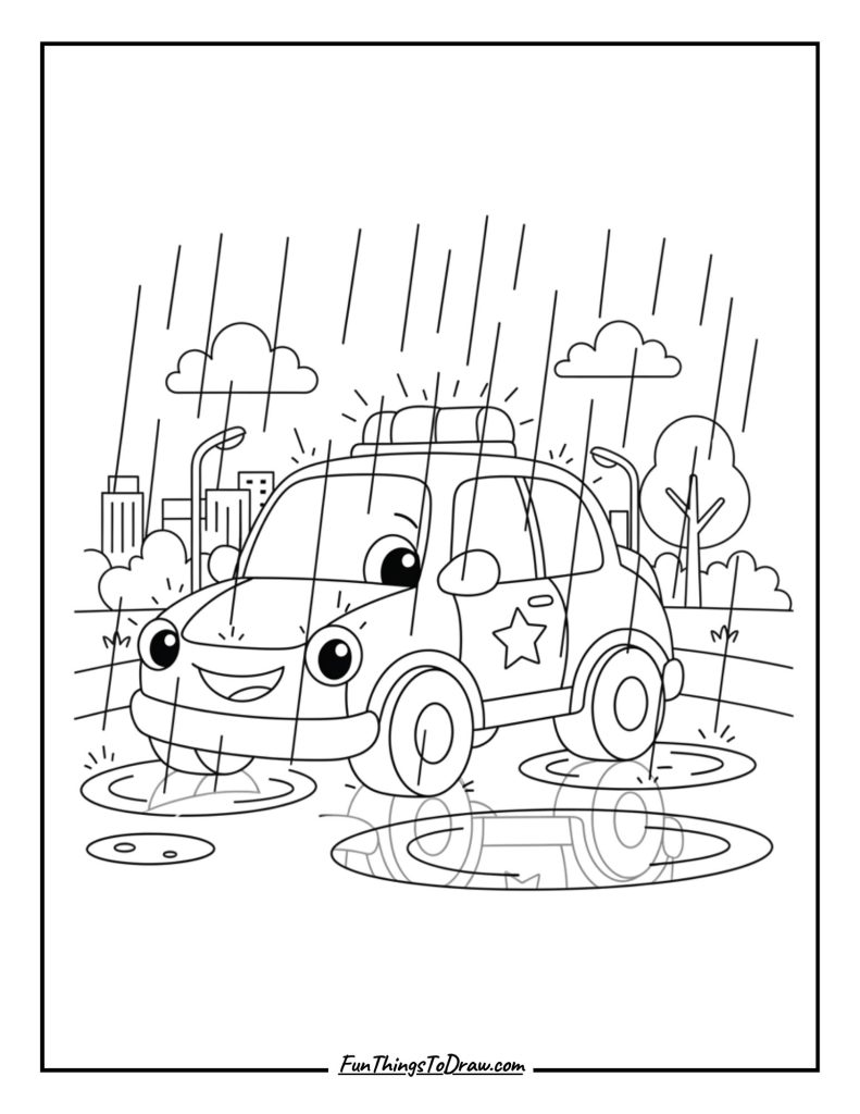 Police Car in Rain with Reflections