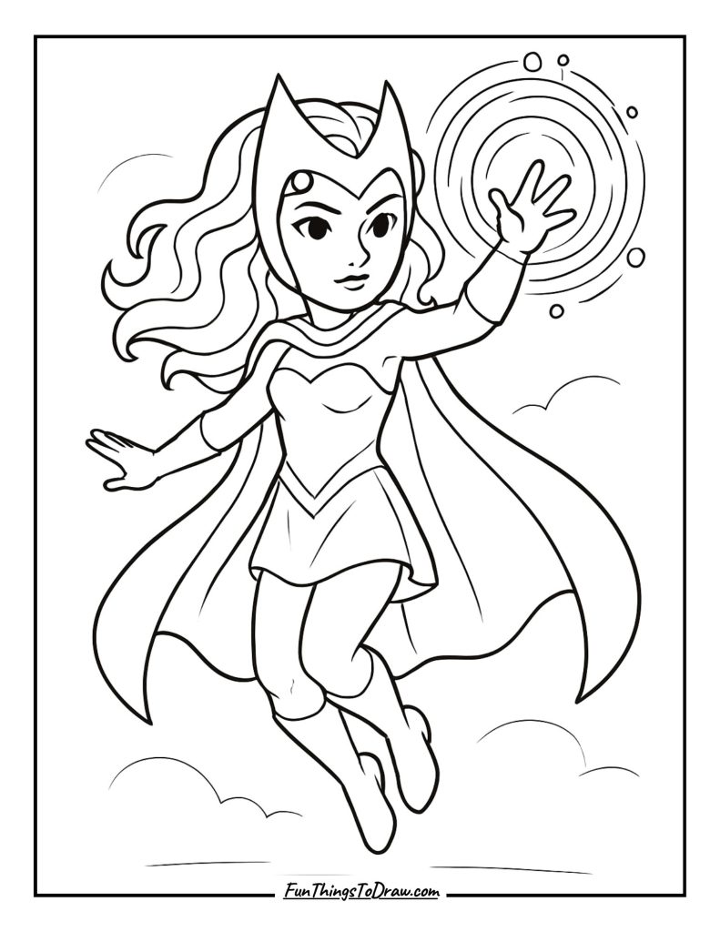Scarlet Witch floating with shield