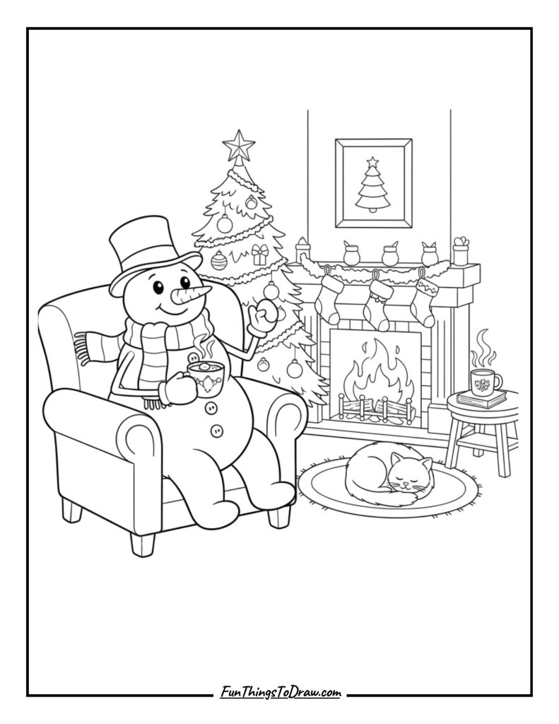 Snowman inside a cozy living room scene