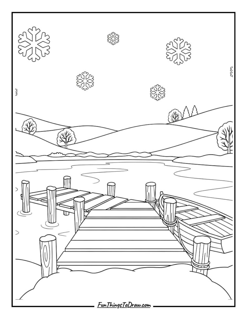 Frozen lake with dock