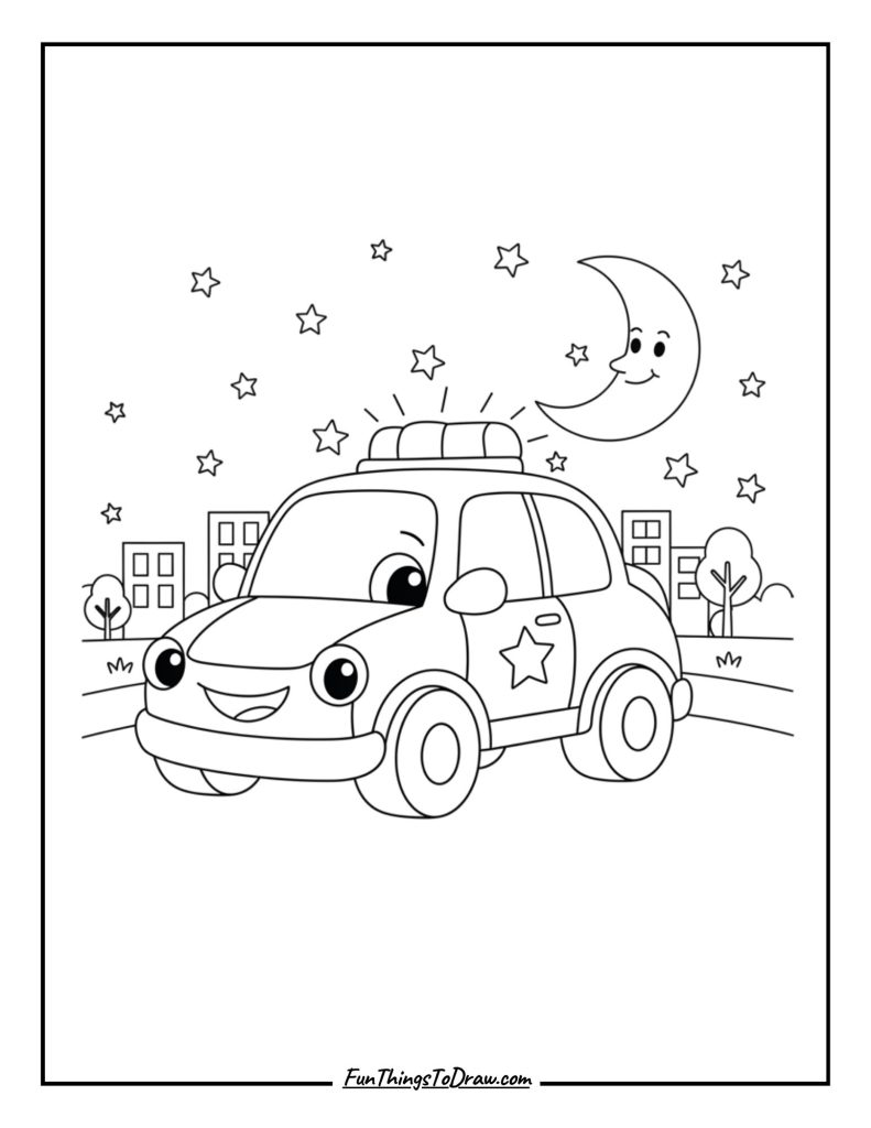 Police Car at Night with Stars