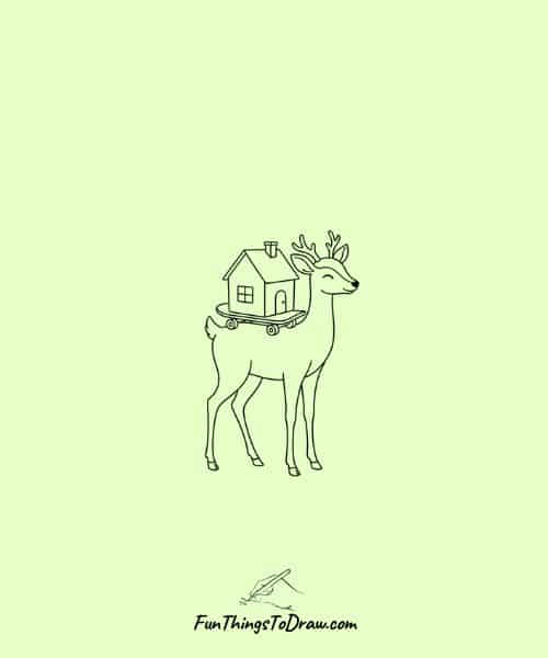 Deer with a tiny house on a skateboard