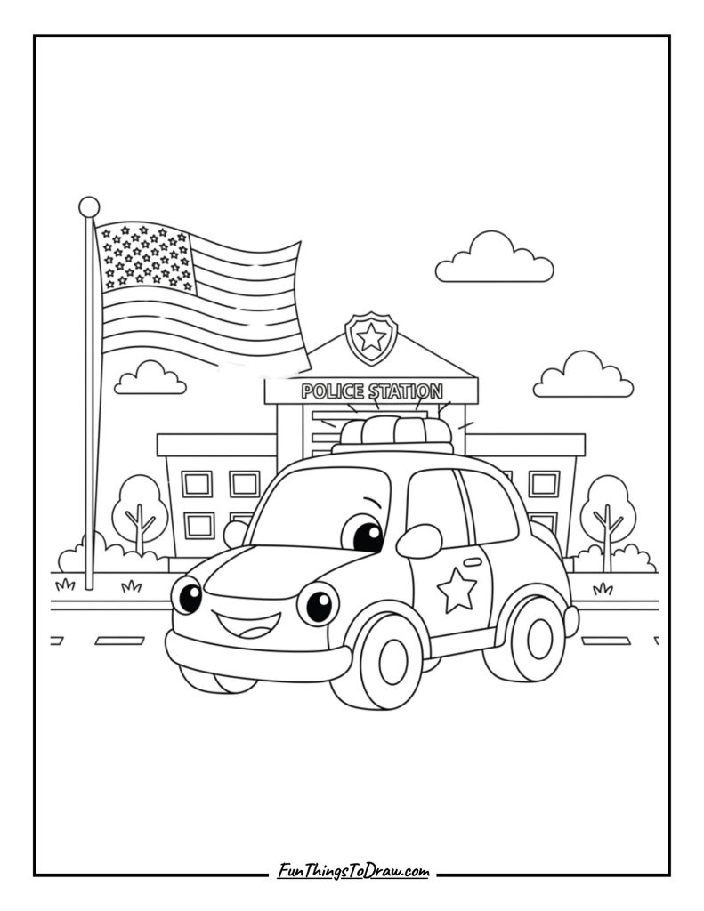  Police Car next to Police Station Flag