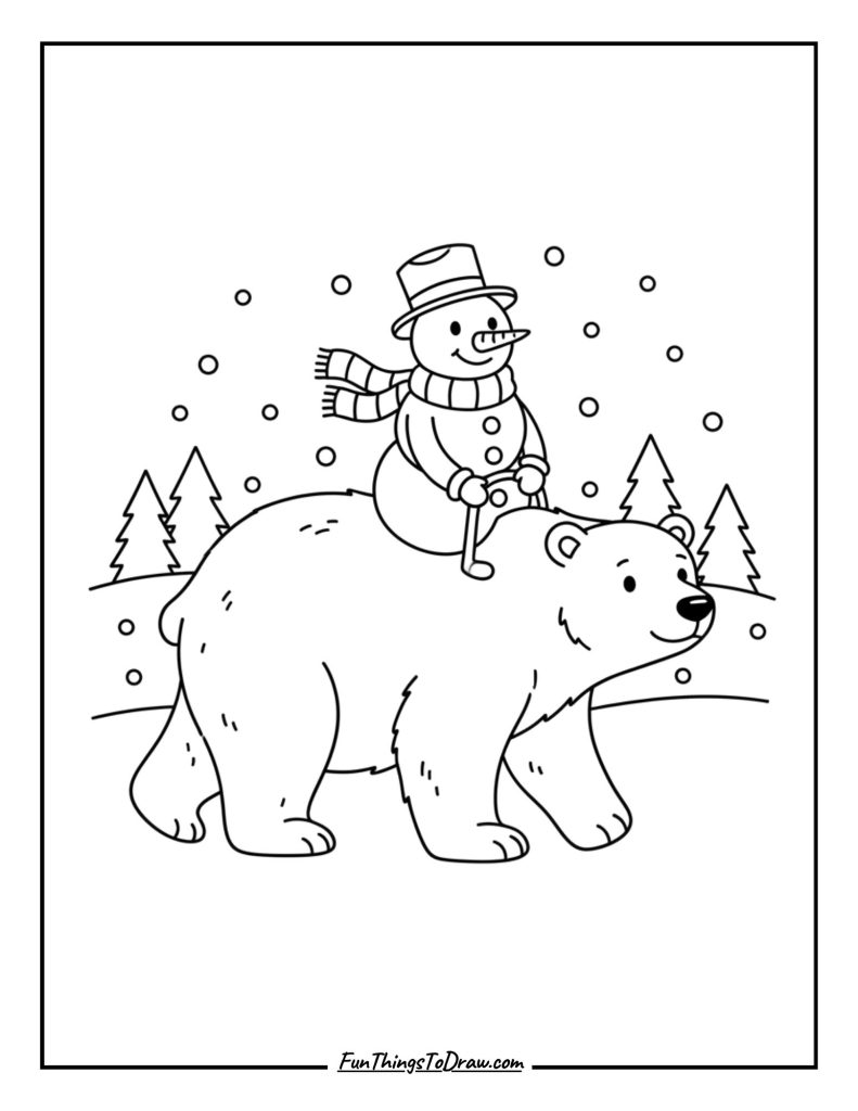 Snowman riding on a polar bear