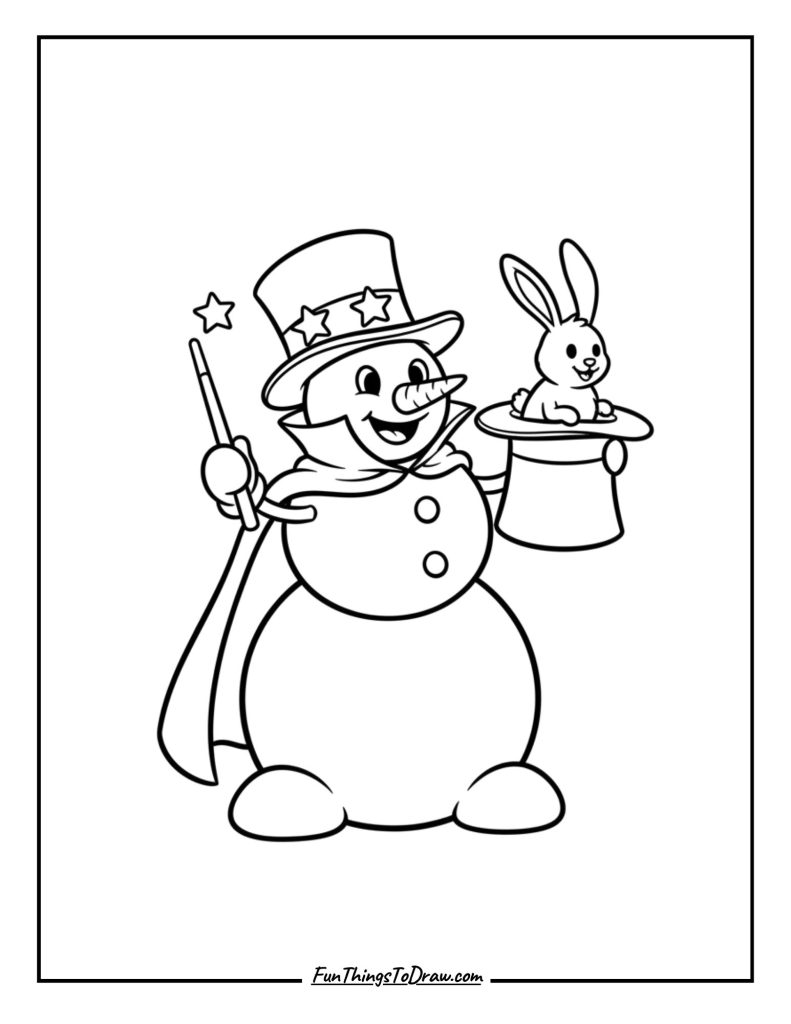 Snowman dressed as a magician pulling a rabbit