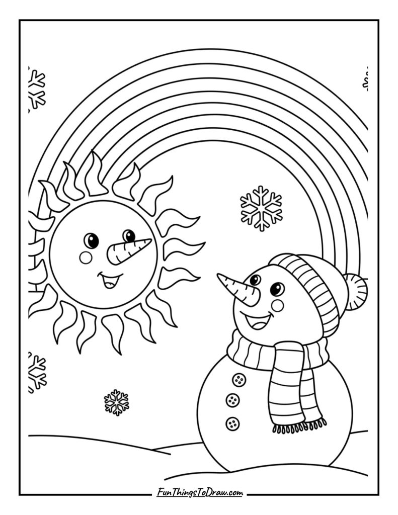 Snowman with sun and rainbow in winter sky