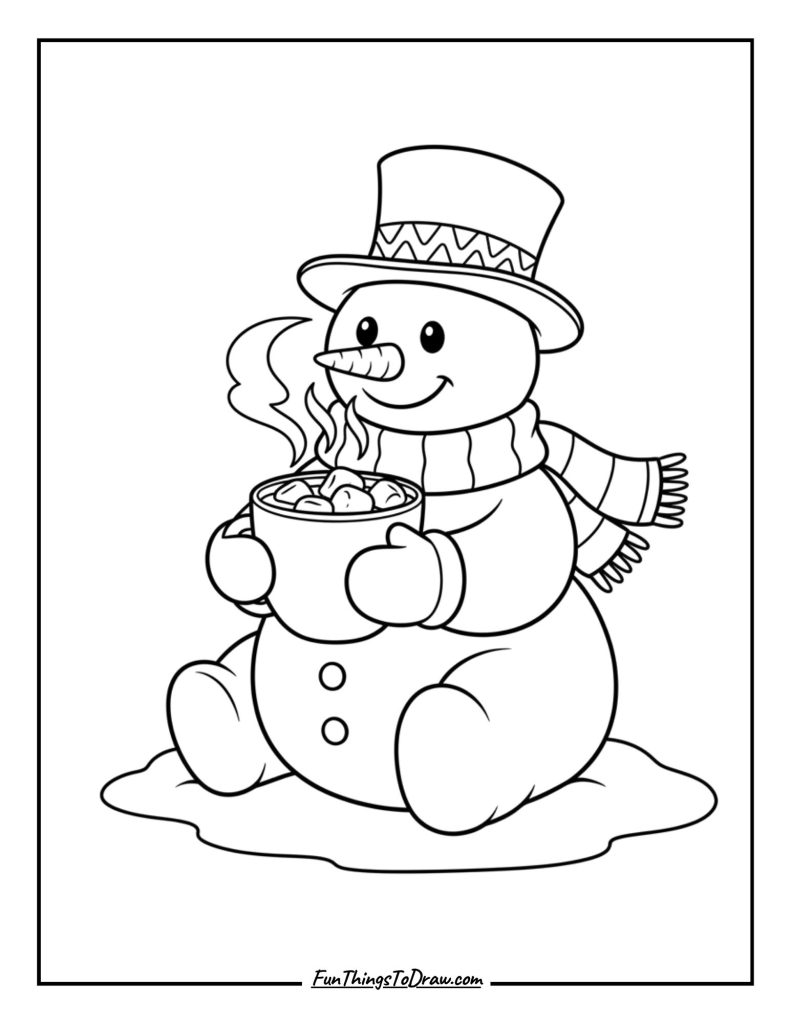 Snowman sipping hot chocolate with marshmallows