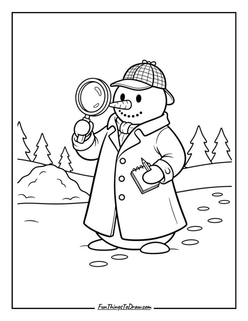 Snowman wearing a detective hat and magnifying glass
