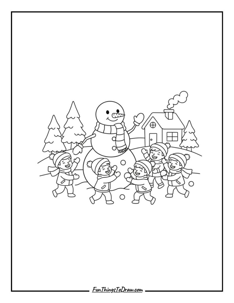Snowman waving at children playing in the snow