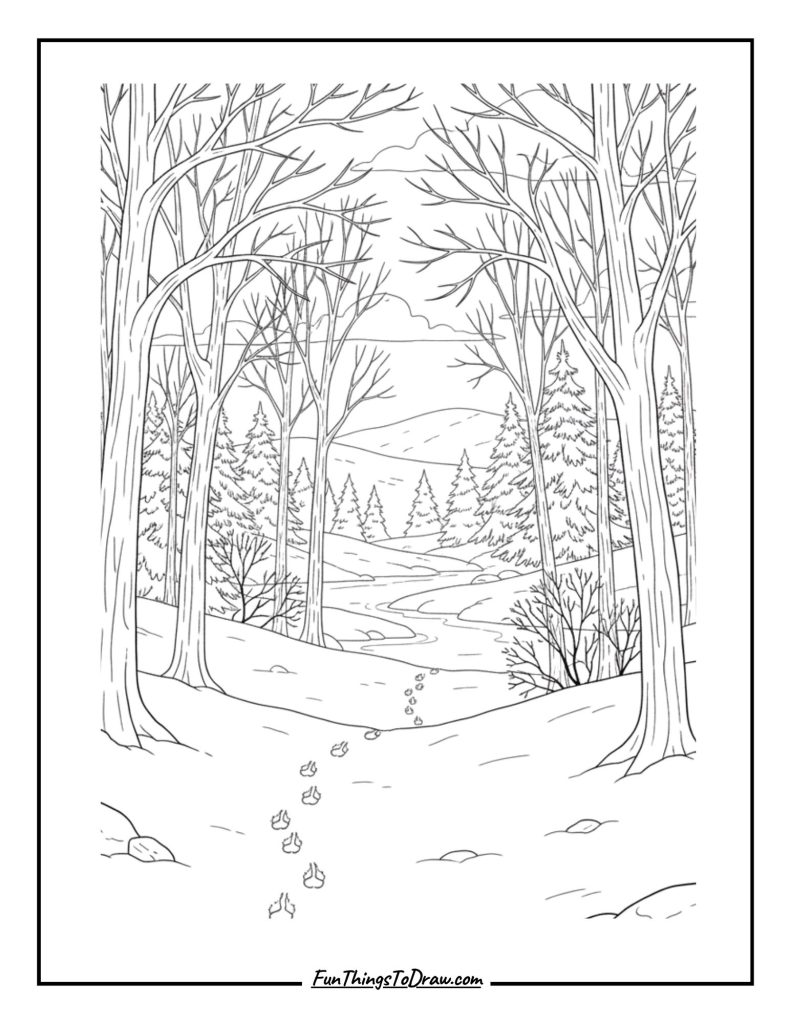 Winter forest with deer tracks