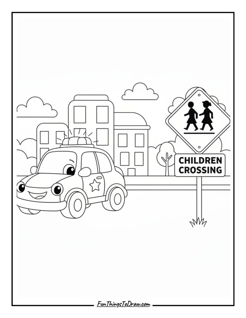 Police Car with “Children Crossing” Sign