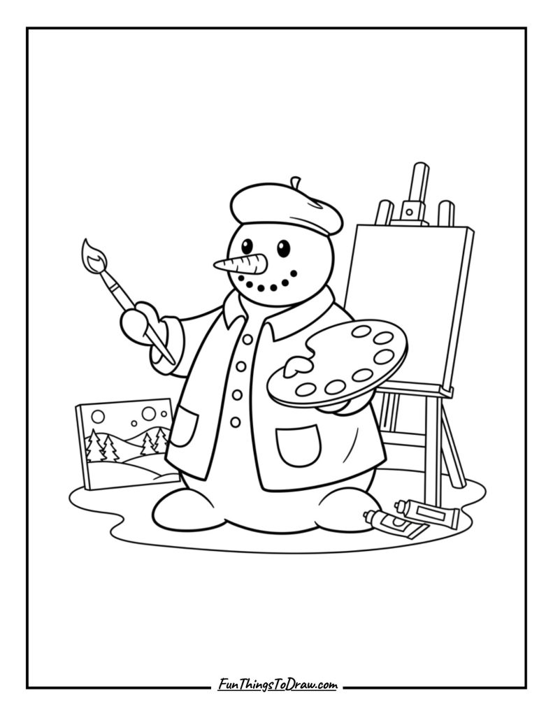 Snowman dressed as a painter with palette