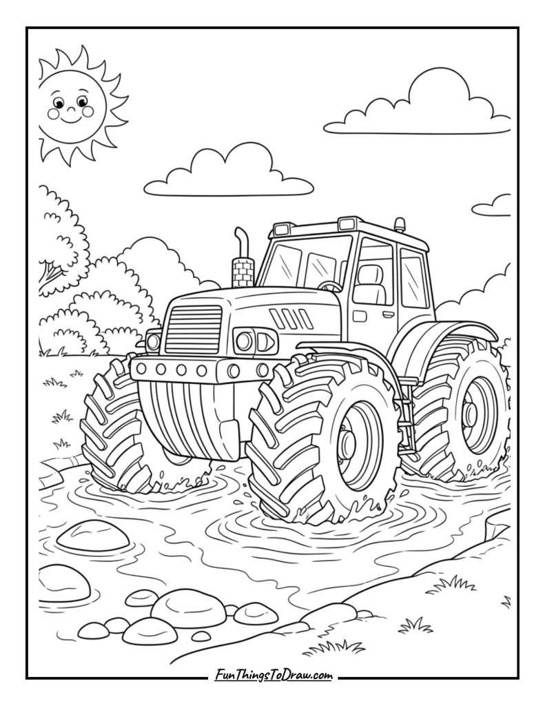 Amphibious tractor crossing stream
