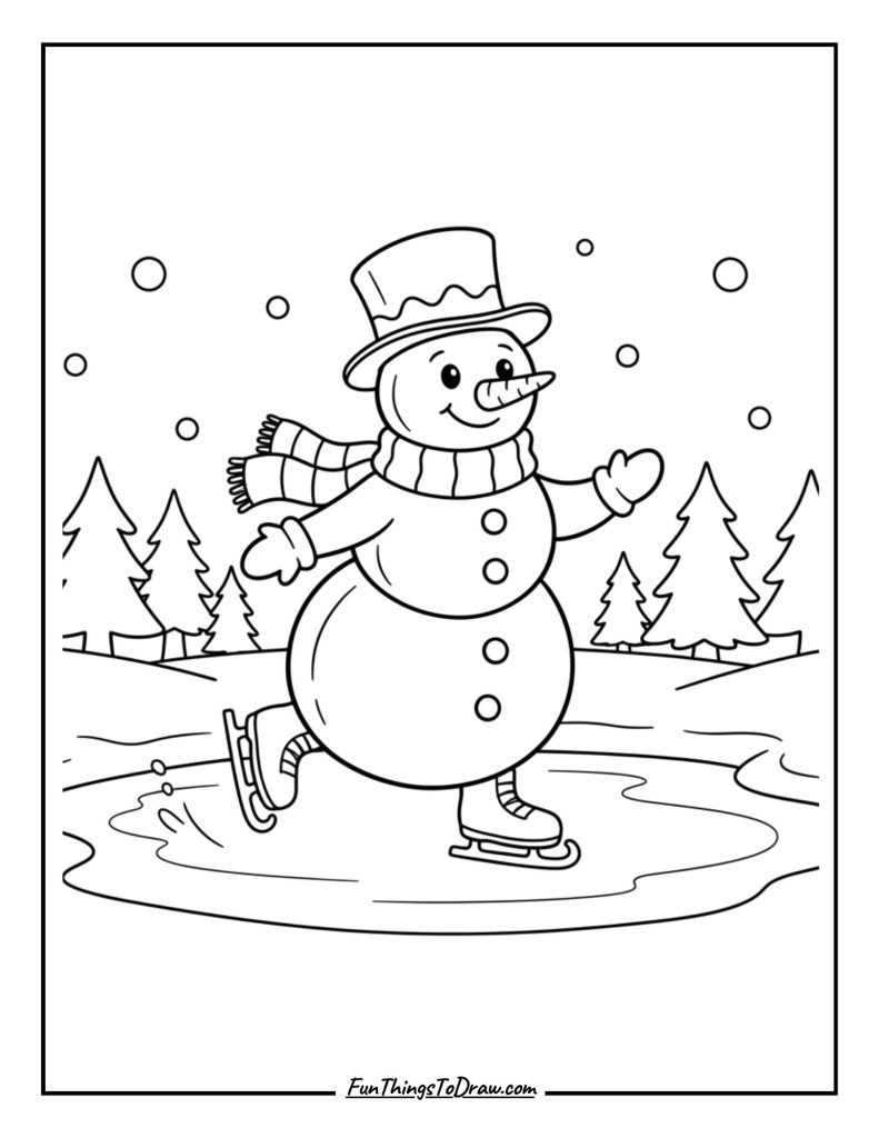 Snowman with ice skates on a frozen pond