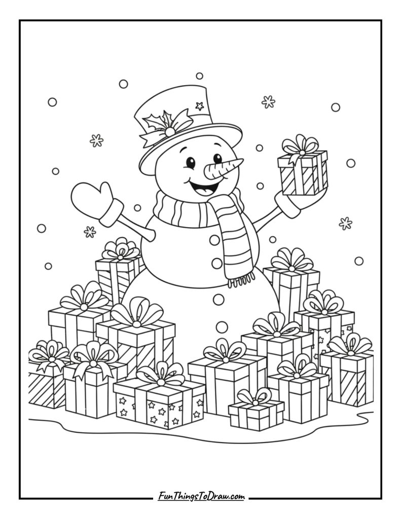 Snowman surrounded by wrapped holiday gifts
