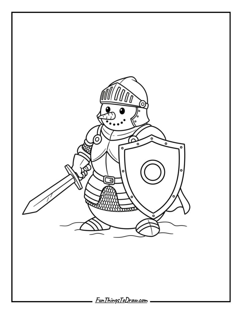 Snowman dressed as a knight holding a shield