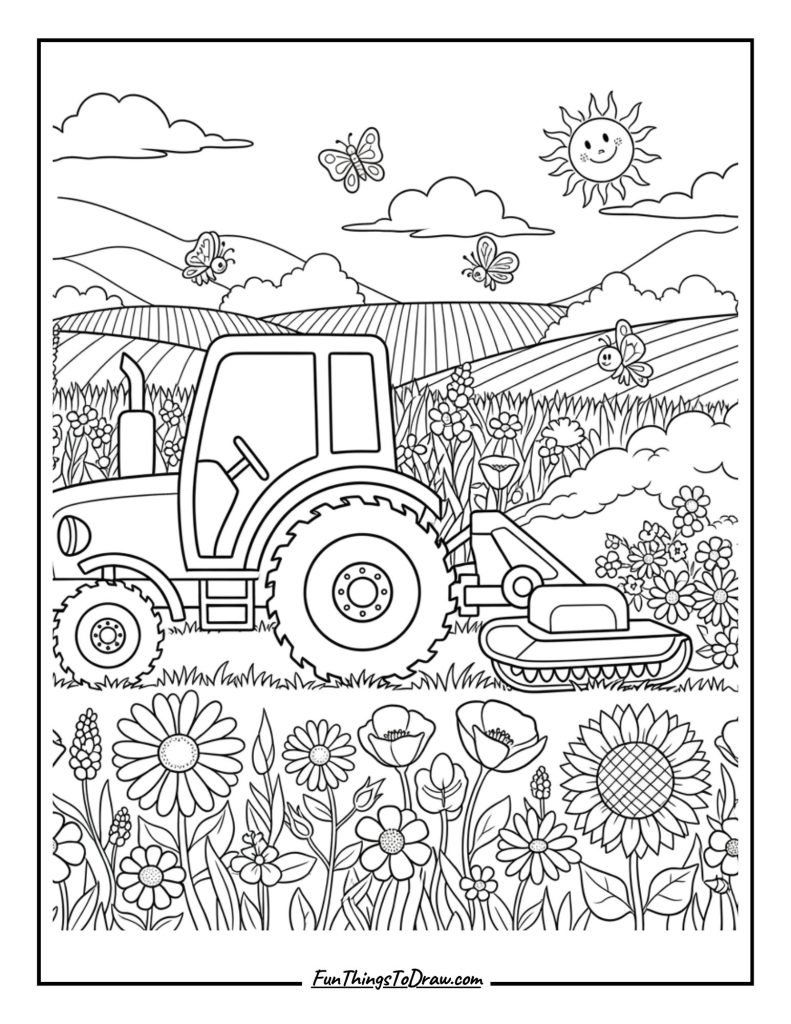 Tractor with rotary cutter mowing wildflower field