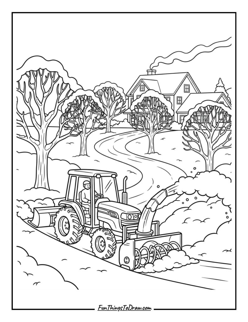 Compact tractor with snow blower clearing farmhouse driveway