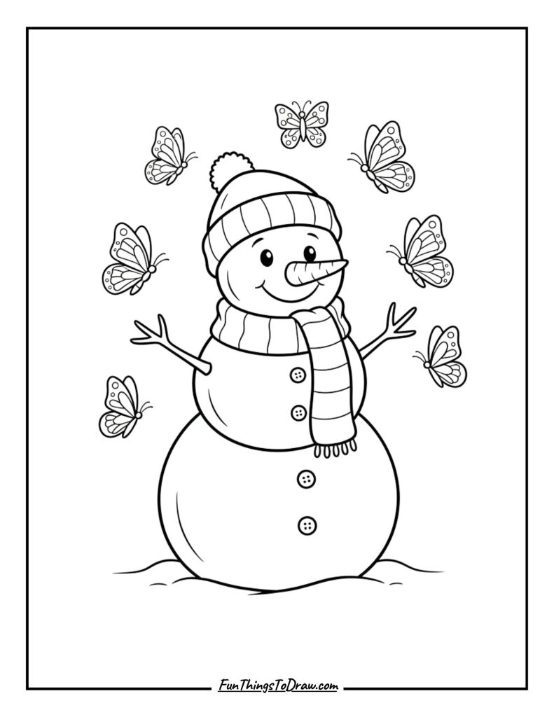Snowman with butterflies flying around