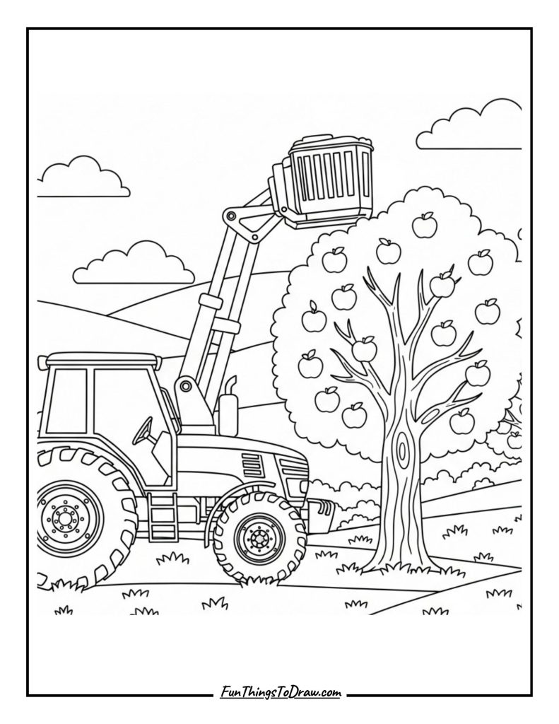 Orchard tractor with hydraulic fruit picker attachment in apple grove