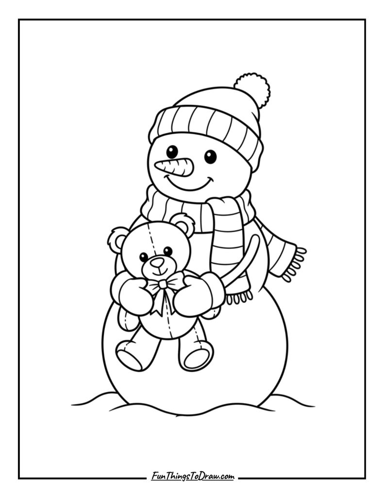 Snowman with a teddy bear in its arms