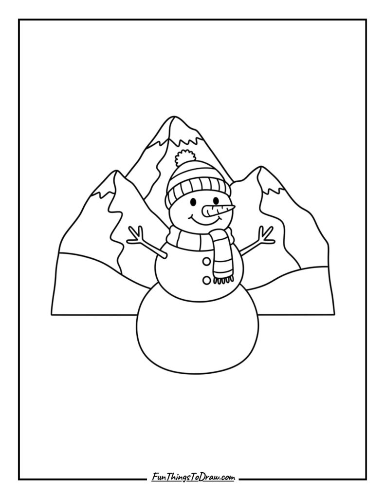 Snowman with tall snow-covered mountains behind