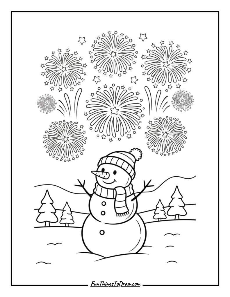 Snowman with fireworks in the night sky