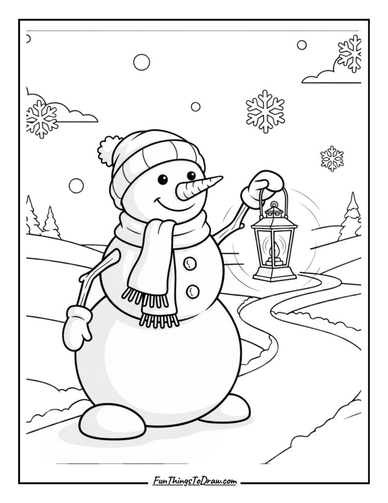  Snowman holding a lantern by a snowy path