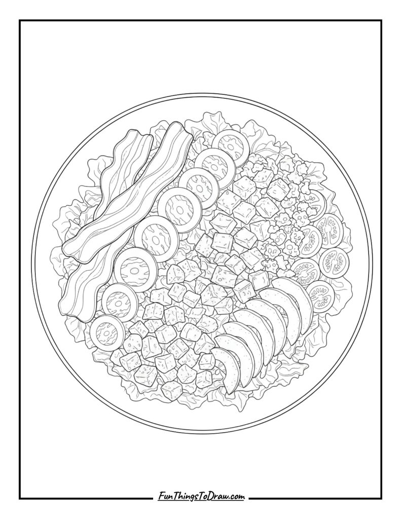 Cobb salad with bacon strips and hard-boiled eggs