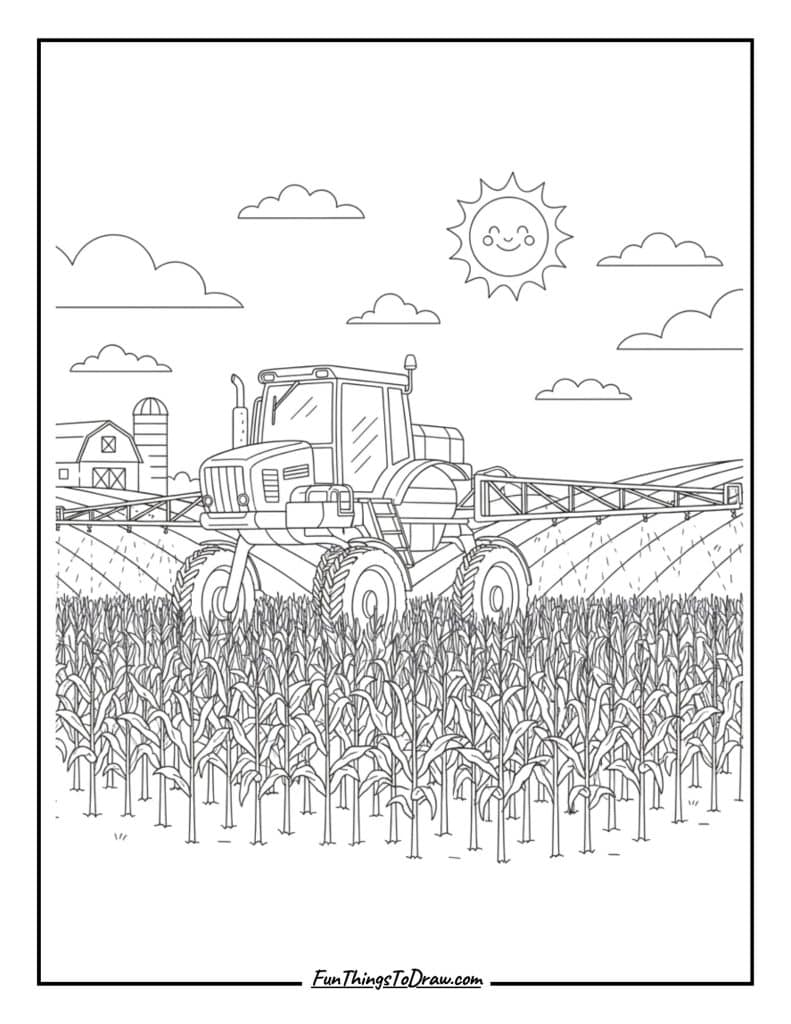 High-clearance sprayer tractor in cornfield