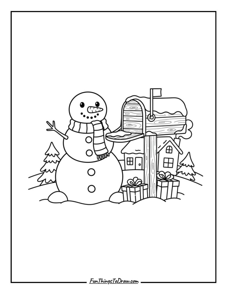 Snowman standing beside a snowy mailbox