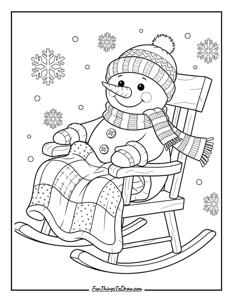 Snowman on a rocking chair with a quilt