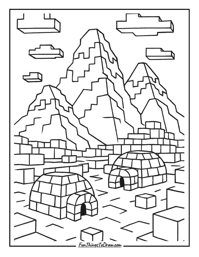 Snowy mountain peaks with igloos
